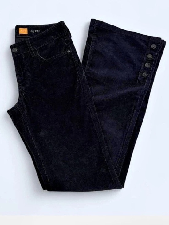 Pilcro and the Letterpress Pants - Pilcro Stet Navy Corduroy Flare Pants Button Hem 70s inspired boho Size 27